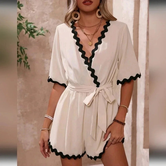 Color V-Neck Short Sleeve Jumpsuit For Women - Picture 1 of 5